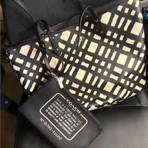 Coach reversible Wild Plaid black & cream large tote with wristlet makeup bag